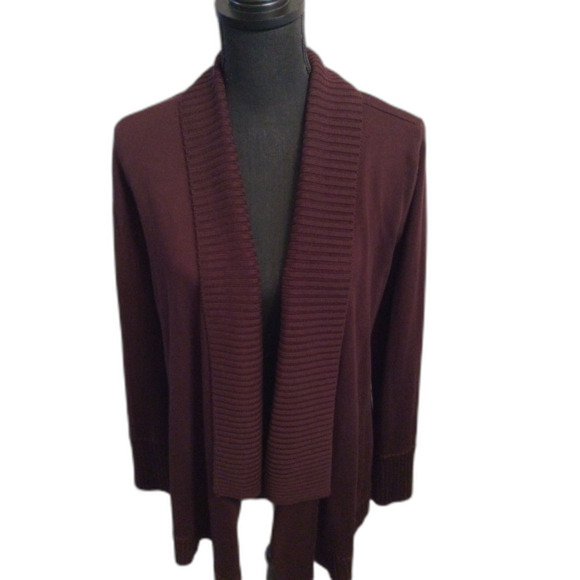 KTFK Burgandy EUC Cardigan Ribbed Knit Shawl Front Open Plum Medium NICE - Picture 1 of 5